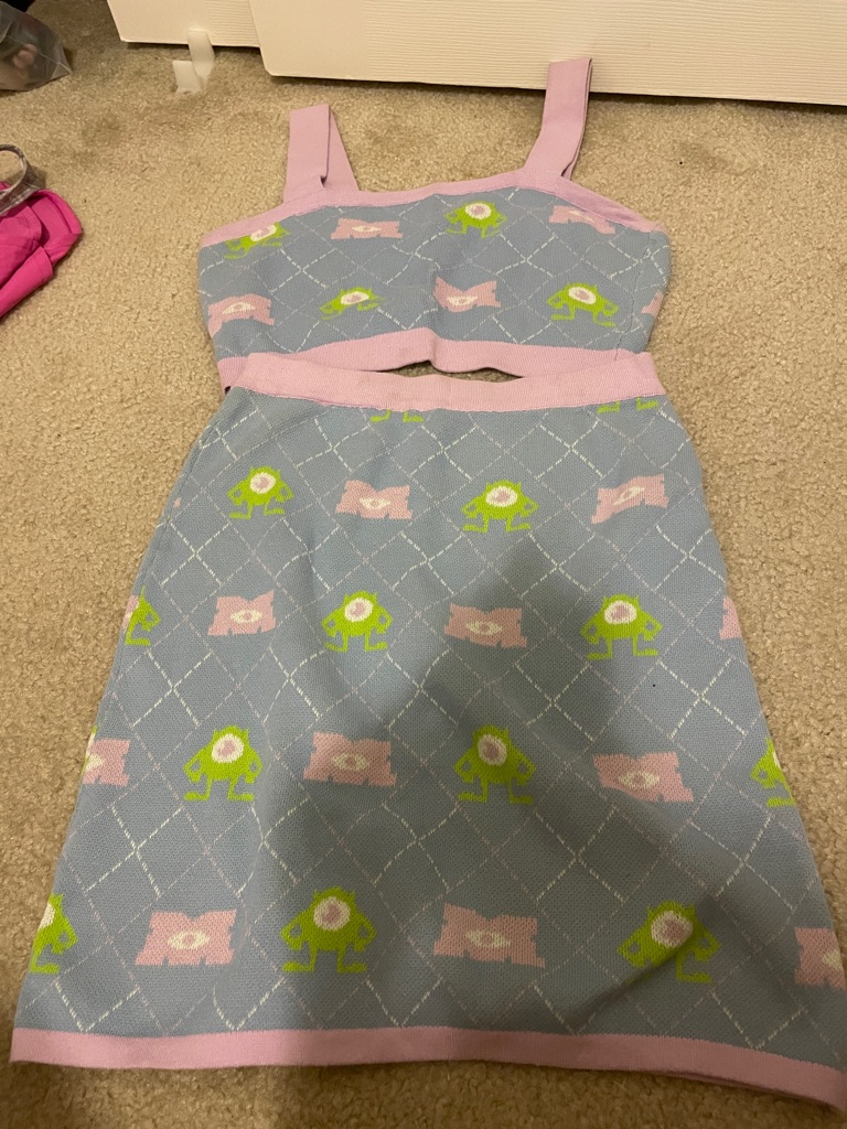 H&M & Disney Blue Knit Midi Dress Set With Cute Pattern Of Monsters